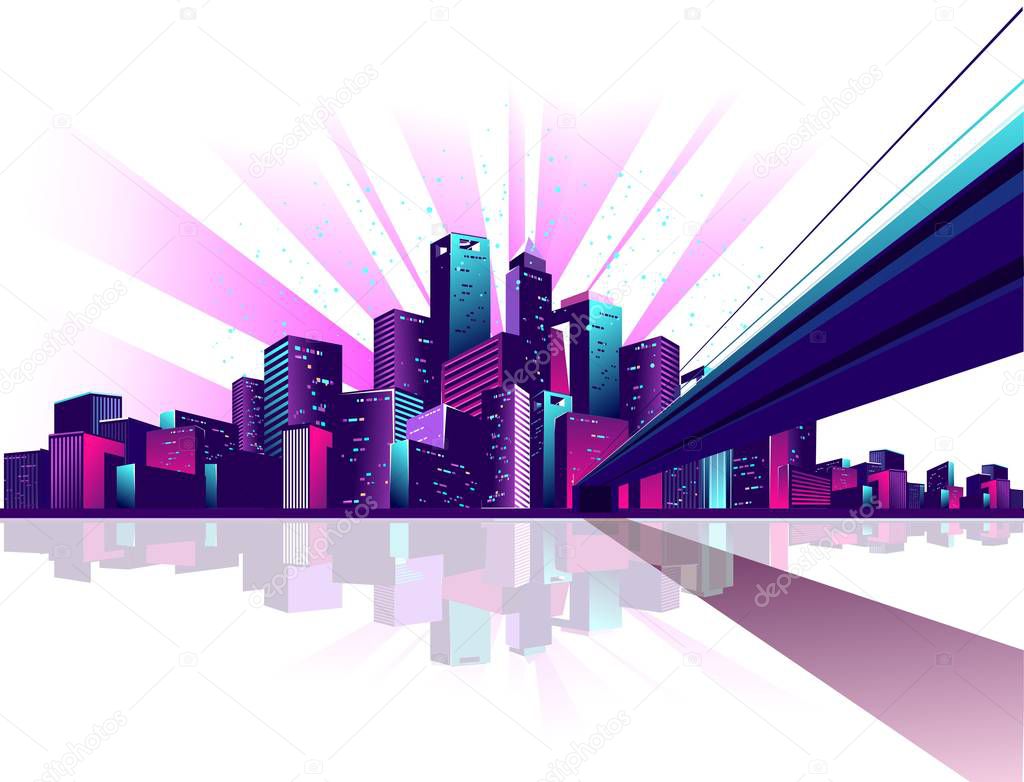 vector illustration neon colored multicolored night city in electric lights bridge over canal to megalopolis road in depth over white background