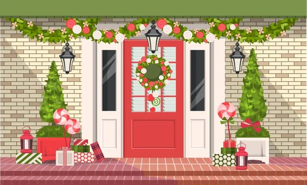 Ilustracja Wektorowa Ozdoby Świąteczne Drzwiach Budynku Mieszkalnego Wieniec Roślin Girlandy — Wektor stockowy
