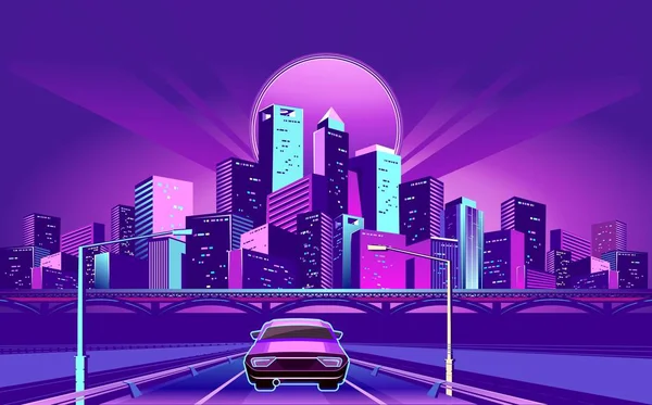 Nacht Neon City Autofahrten Auf Der Straße Gehen Weg Vektorillustration — Stockvektor
