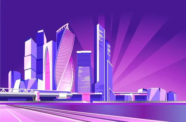 Vektor Neon Stadt Nächtliches Geschäftszentrum Von Moskau Wolkenkratzer Die Flussufer — Stockvektor
