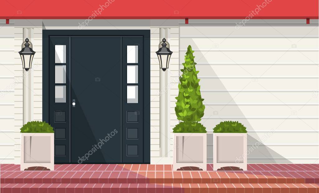 Facade of building, front door with outdoor plants in pots, vector building element