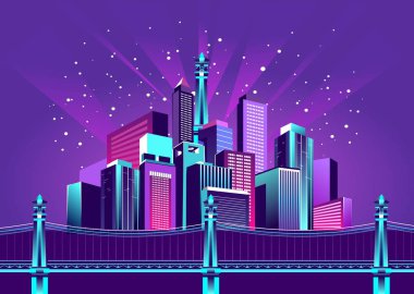 vektör çizim neon renkli şehir sahil Köprüsü kanal üzerinden elektrik ışıkları gece
