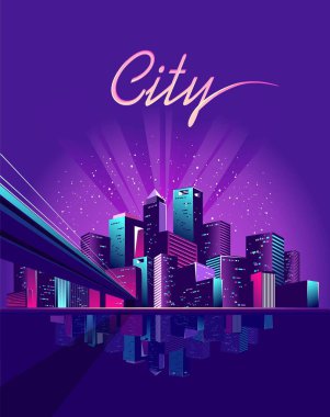 vektör çizim neon renkli renkli gece şehirde megalopolis yol iç kanala köprüden elektrik ışıkları