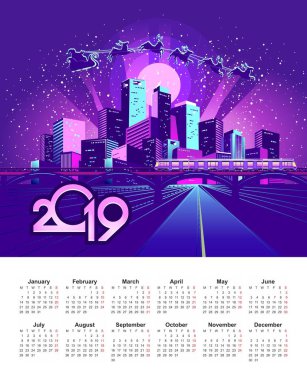 2019 takvim, vektör çizim. gece neon Festival city, bir atlı kızak geyik bir ekiple Noel Baba gökyüzünde uçar