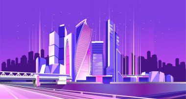 Vektör neon şehir, iş Moskova merkezinde, nehir kıyısında büyük bir köprü ile üzerinde duran gökdelenler parlayan gece