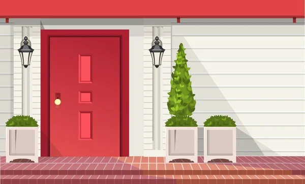 建筑的门面 前门与室外植物在罐子 载体建筑元素 — 图库矢量图片