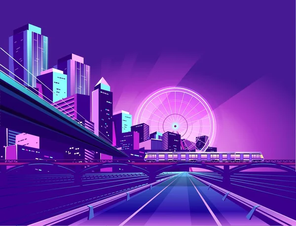 Ciudad Neón Nocturno Puente Que Rascacielos Carretera Interior Vector Ilustración — Vector de stock