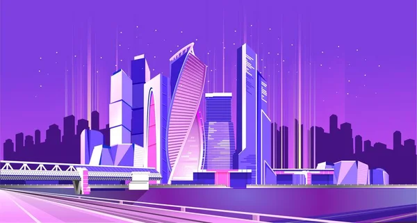 Vector Neon City Night Glowing Business Center Moscow Skyscrapers Standing — Stock Vector