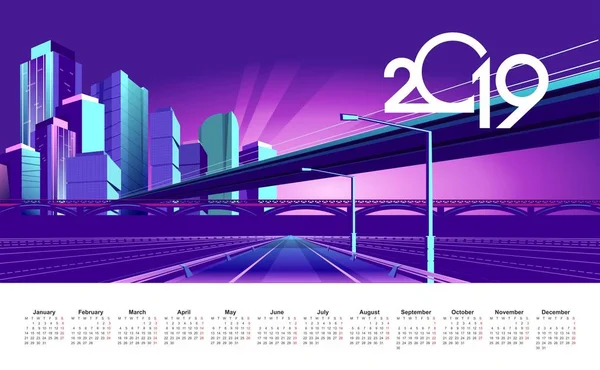 Neon gece şehir sahne ışıkları ve parlak ışınları, ışığında vektör İngilizce takvimi şablonunu 2019