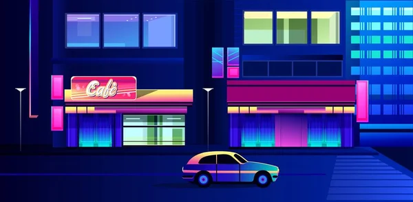 Vektor Illustration Nacht Neon Stadt Straße Mit Leuchtreklamen Und Ein — Stockvektor