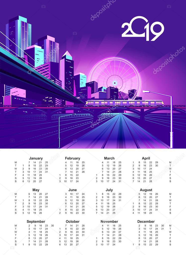 Neon night city in the light of spotlights and glowing rays, vector English calendar template 2019