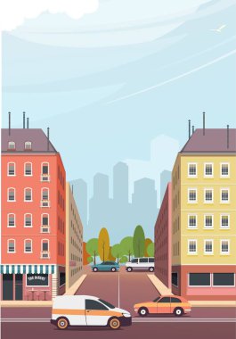 vektör illüstrasyon asfalt yol gökdelenler ve gökdelenler dikey ile Kavşak İnşaatı