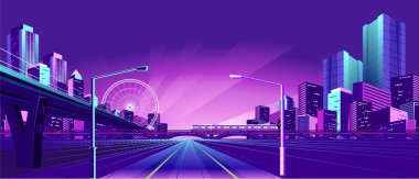 Gece neon şehir, gidiş gökdelenler, karanın iç kısımlarına road, vektör yatay çizim için köprü