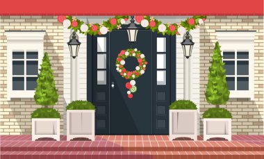 vektör çizim. Ön kapıda Noel süsleri konut binası, bir çelenk bitki ve çelenk,