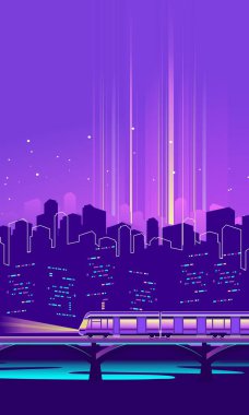 vektör dikey illüstrasyon neon elektrik ışıkları Demiryolu Köprüsü tren ile gece şehir silüeti