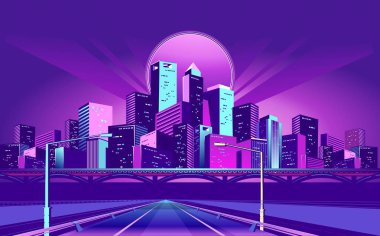 Gece neon şehir, gökdelenler için gidiş köprü yol iç vektör yatay çizim ile