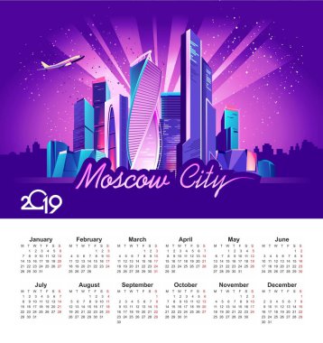 Neon gece Moskova şehir projektörler ve parlak ışınları, ışığında vektör İngilizce takvimi şablonunu 2019