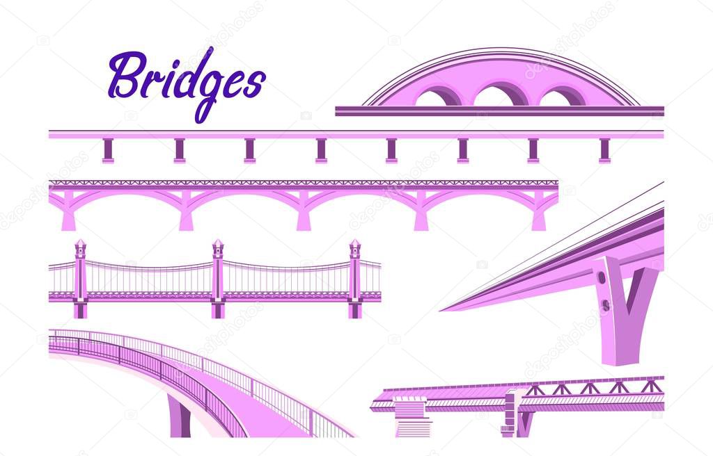vector illustration, set of different bridges on a dark background in a flat style