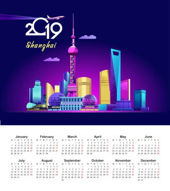 Şanghay Çin şehir İngilizce gece neon görüntü ile 2019 dikey takvim