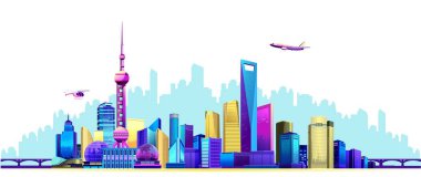 Çin city Shanghai waterfront gökdelenler ile vektör yatay çizim beyaz arka plan üzerinde binalar evler
