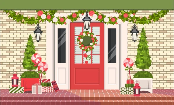 Vektorillustration Weihnachtsschmuck Der Haustür Eines Wohnhauses Ein Kranz Aus Pflanzen — Stockvektor