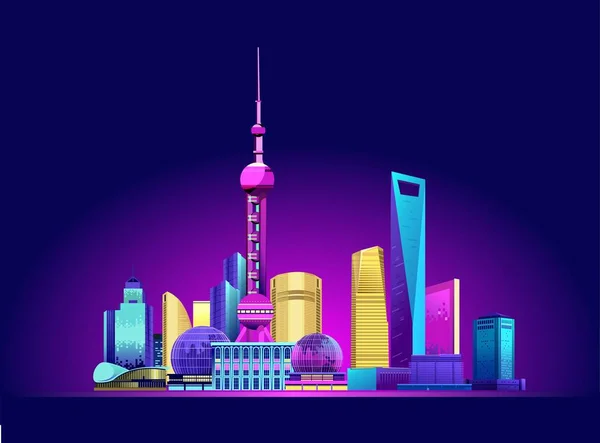 Kínai Város Shanghai Felhőkarcoló Neonfény Éjszakai Vektor Vízszintes Illusztráció Landmark — Stock Vector