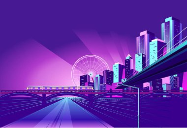 Gece neon şehir, gidiş gökdelenler, karanın iç kısımlarına road, vektör yatay çizim için köprü