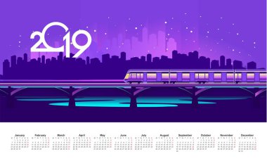 vektör İngilizce takvimi şablonunu 2019, neon gece bir nehir karşı büyük bir şehir silüeti üzerinde acele bir demiryolu köprüsü boyunca Tren