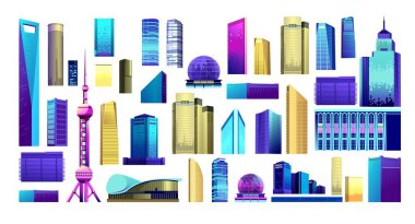 İzole nesneleri kümesi. Beyaz bir arka plan üzerinde şehir binaları ve yapıları çok katlı evler.