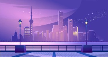 Vectornay panoramik liman kıyı diğer tarafında. neon ışıkları gece gökyüzünde tarafından futuristik gökdelen yaktı. Şehir manzarası sisli siluetleri