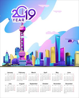 İngilizce Çince city Shanghai beyaz bir arka plan ve farklı parlak renkler görüntü ile bir 2019 takvimi şablonunu vektör dikey çizim
