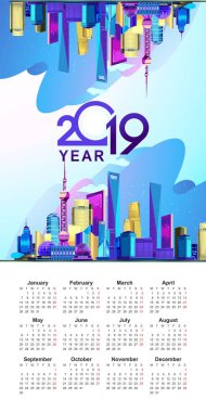 İngilizce Çince city Shanghai beyaz bir arka plan ve farklı parlak renkler görüntü ile bir 2019 takvimi şablonunu vektör dikey çizim
