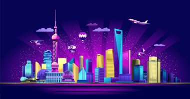 Vektör yatay çizim gece Çin şehirde Shanghai neon glow gökdelenler evleri binalarda gökyüzü uçak, helikopter ve zeplin, afiş ile çıkabilir