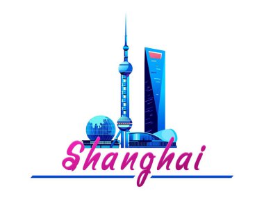 Bir kare şekli, Shanghai şehir çıkabilir, gökdelenler ve evler beyaz bir arka plan üzerinde birkaç tanınabilir form amblemi vektör çizim