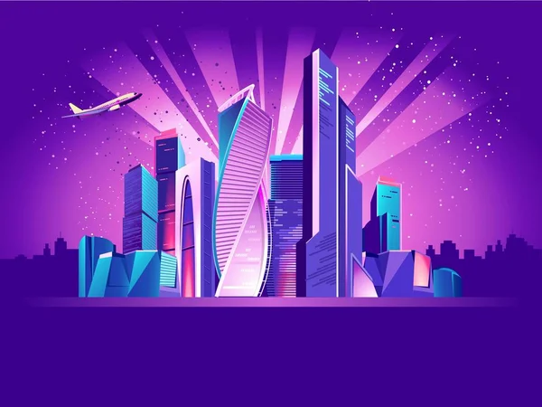 Διάνυσμα Νέον Πόλη Νύχτα Λαμπερό Επιχειρηματική Συνοικία Της Μόσχας Ουρανοξύστες — Διανυσματικό Αρχείο