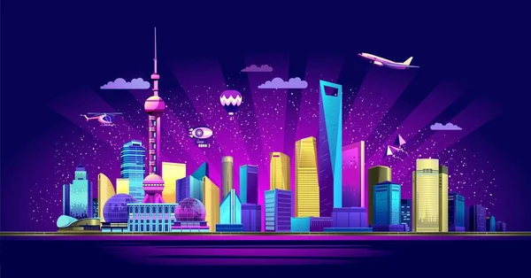 Illustrazione Orizzontale Vettoriale Dell Argine Della Città Cinese Notte Shanghai — Vettoriale Stock