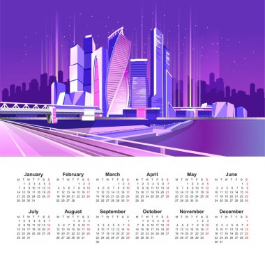 Neon gece Moskova şehir projektörler ve parlak ışınları, ışığında vektör İngilizce takvimi şablonunu 2019