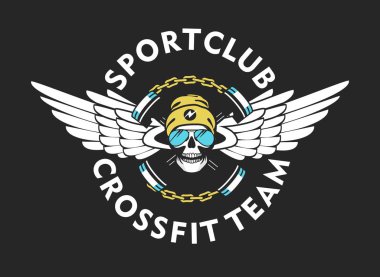 crossfit insan kafatası spor araçları ile bir spor takımının acımasız amblemi vektör Illustration. Siyah arka plan