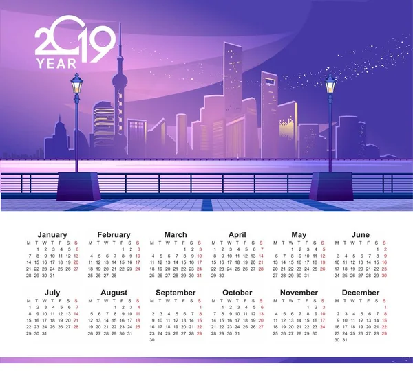 Wektor Pionowy Ilustracji Szablon Kalendarza 2019 Języku Angielskim Wizerunkiem Noc — Wektor stockowy