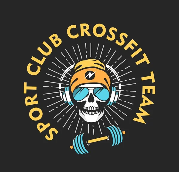 ベクトル スポーツ シェル黒背景と Crossfit 人間の頭蓋骨はスポーツ チームの残忍なエンブレムのイラスト 黒の背景 — ストックベクタ