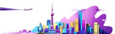 Çin city Shanghai setin afiş gökdelenler, köprü ve beyaz arka plan üzerinde taşıma ile vektör yatay çizim