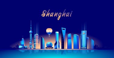 Vektör panoramik gece şehir şehir setin modern binalar ve gökdelenler ile parlak mavi neon ışıkları tarafından aydınlatılmış. Koyu mavi gökyüzünde şehir manzarası.