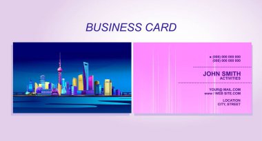 Kartvizit için şirket veya birey, gece Çin city Shanghai neon ışıkları ön ve arka yüzü şablonları tarafından aydınlatılmış görüntü ile.