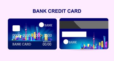 Banka kredi kartı için bir şirket ya da bireysel, Şangay Çin şehir featuring tarafından neon ışıkları yaktı. Kartı ön ve arka iki yüzü