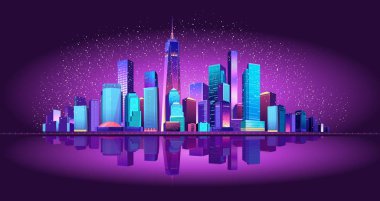 Neon ışıkları tarafından aydınlatılmış bir büyük gece şehir panoraması vektör Illustration. Modern binalar ve gökdelenler Waterfront, kentsel peyzaj