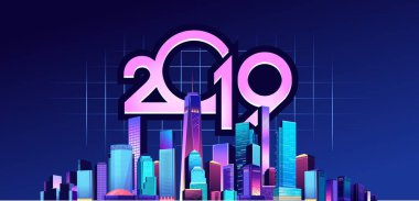 vektör yatay çizim büyük gece neon şehir sayılarla 2019. Modern gökdelenler kavramsal afiş, cityscape