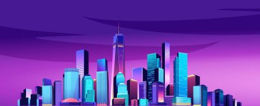 Neon ışıkları tarafından aydınlatılmış bir büyük gece şehir panoraması vektör Illustration. Modern binalar ve gökdelenler Waterfront, kentsel peyzaj