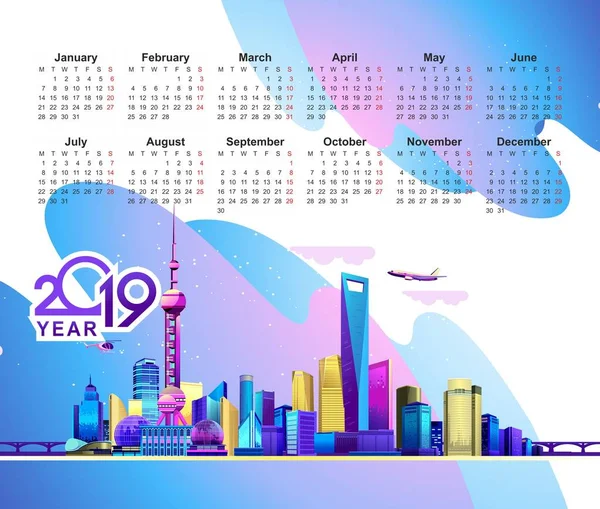 向量垂直插图的2019日历模板 在英语与中国城市上海的图像抽象白色背景和不同的鲜艳颜色 — 图库矢量图片