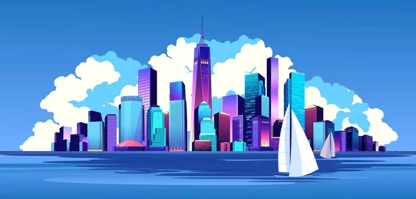 Vektor Horizontale Illustration Amerikanische Megapolis Umgeben Von Wolken Auf Dem — Stockvektor