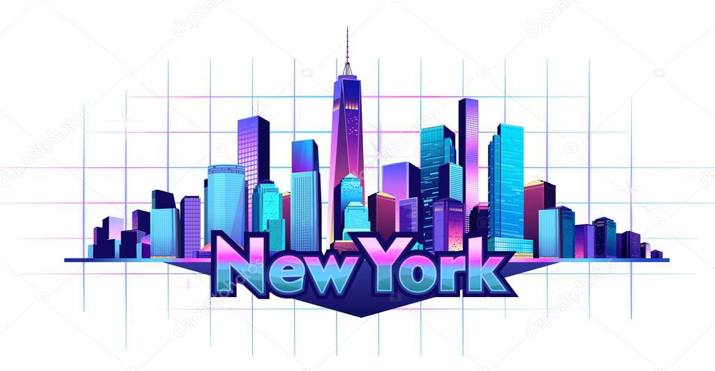 New York city on white background, buildings and community, vector illustration of a big city, neon pink and blue colors,